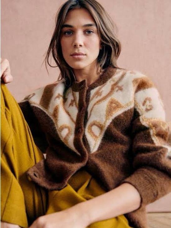 Sezane Sweaters - Sezane Brown and Cream Patterned Mohair Wool Blend Cardigan with Gold Metallic S